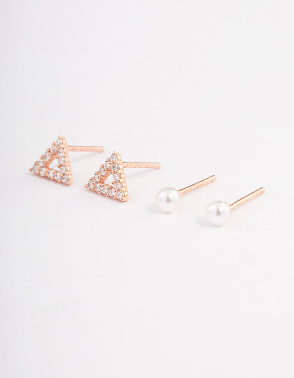 Rose Gold Plated Sterling Silver Diamante Triangle & Pearl Stud Earring Pack