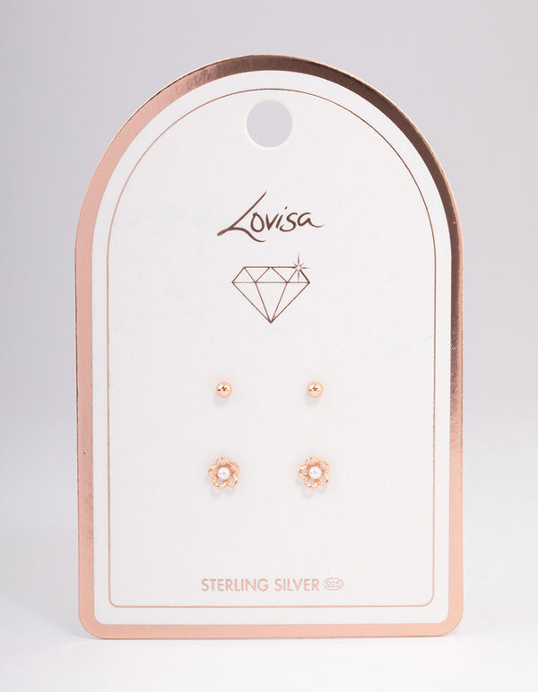 Rose Gold Plated Sterling Silver Pearl & Flower Stud Earring Pack