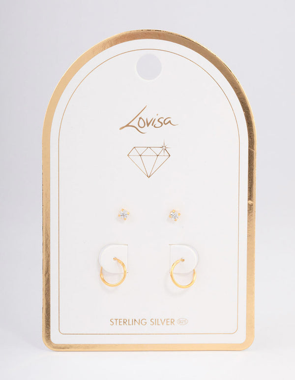 Gold Plated Sterling Silver Diamante Stud & Hoop Earring Pack