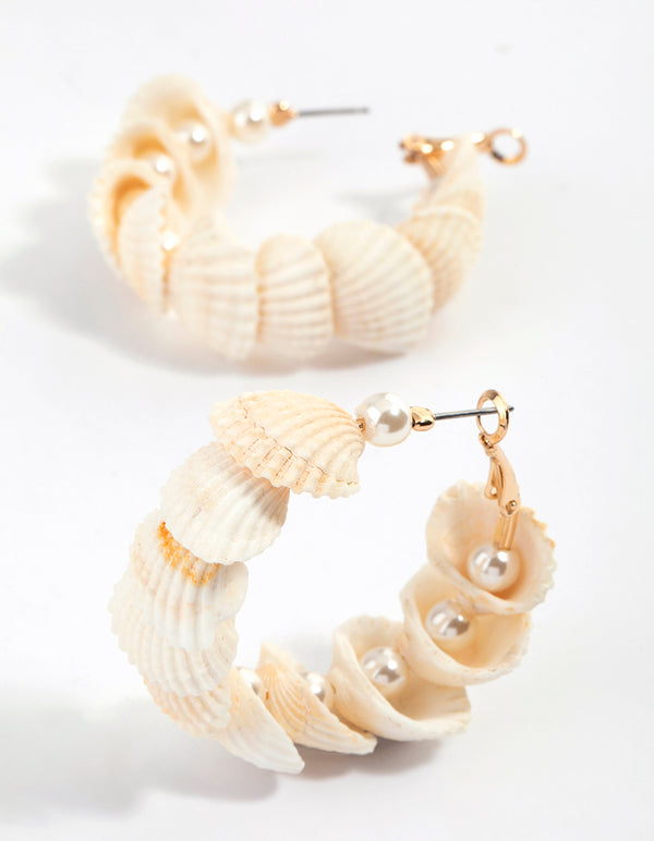 Gold Genuine Shell Nestled Pearl Hoop Earrings