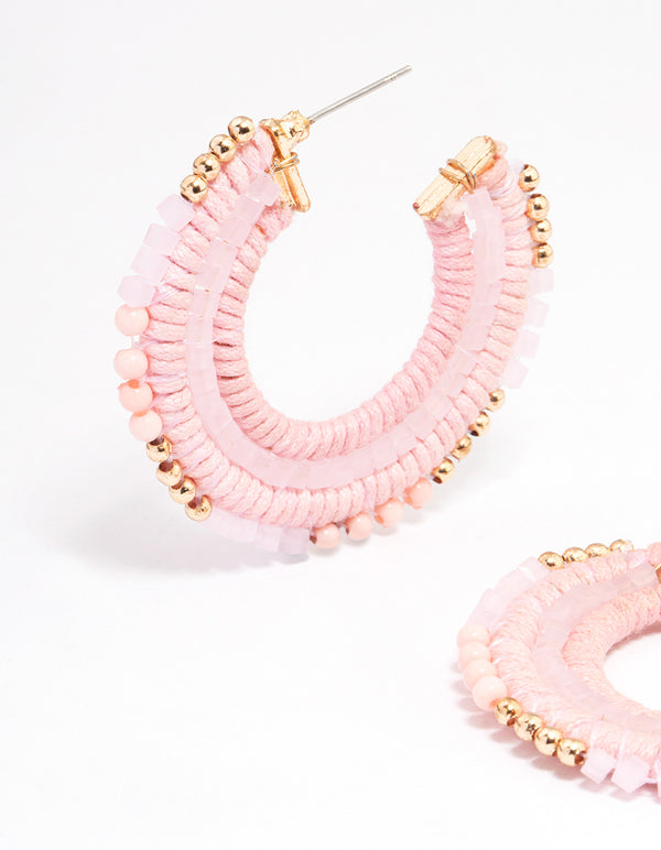 Gold Beaded Wrapped Hoop Earrings