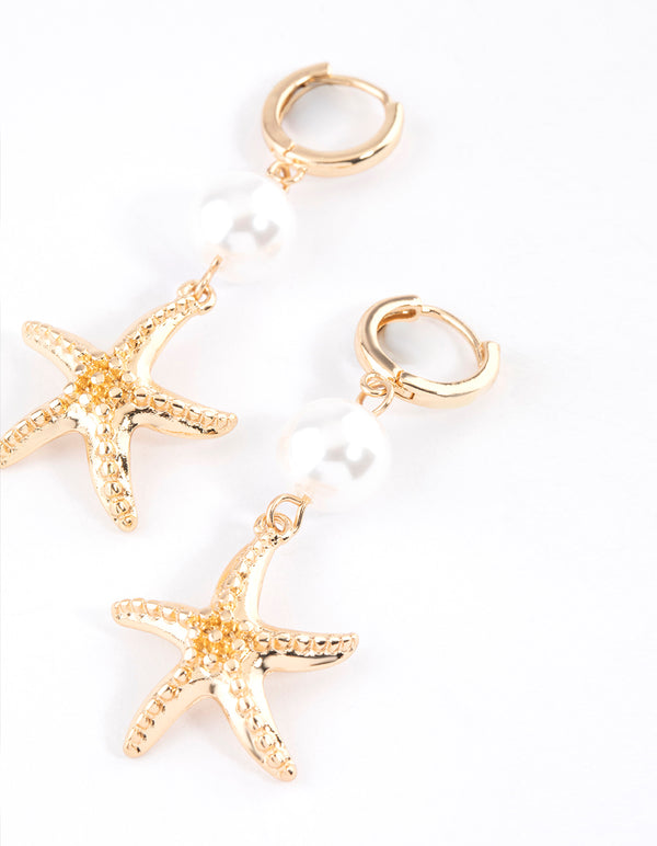 Gold Starfish Pearl Drop Earrings