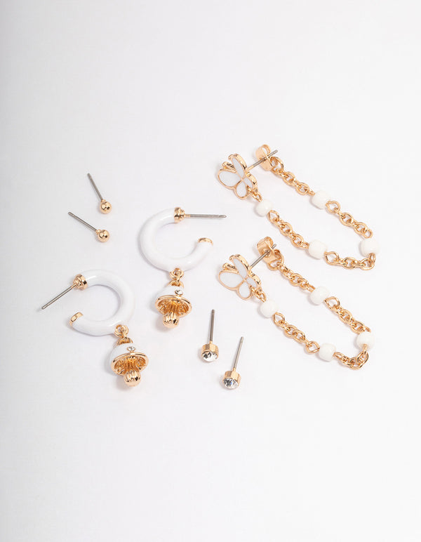 Gold & White Enamel Butterfly Ear Stack