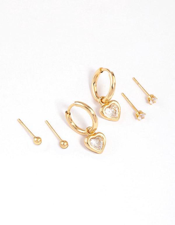 Gold Plated Surgical Steel Chubby Heart & Stud Earrings Pack