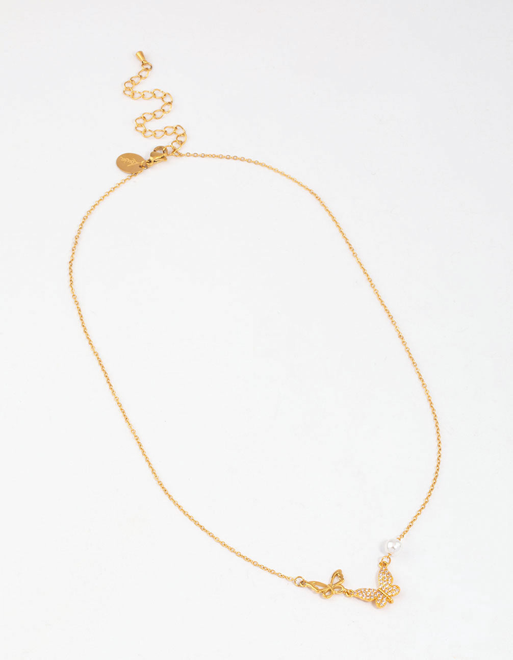 Gold Plated Surgical Steel Double Butterfly Pearl Pendant Necklace