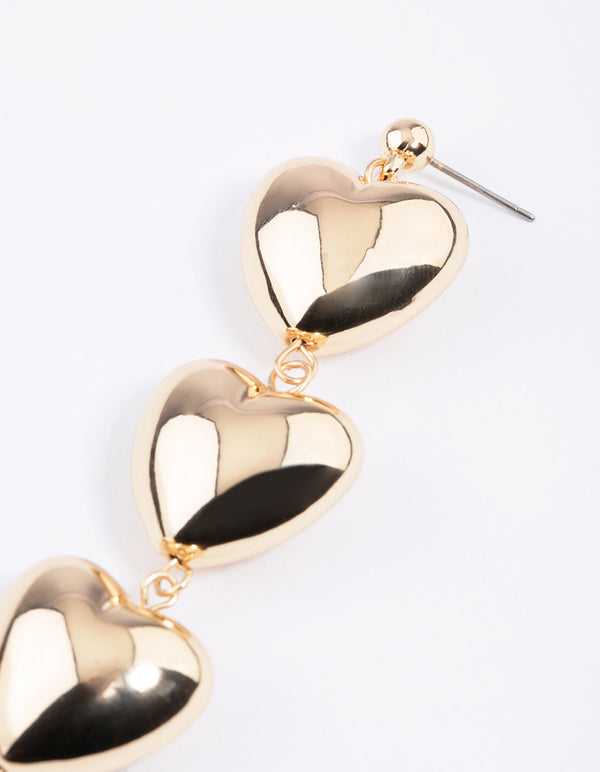 Gold Triple Puffy Heart Drop Earrings