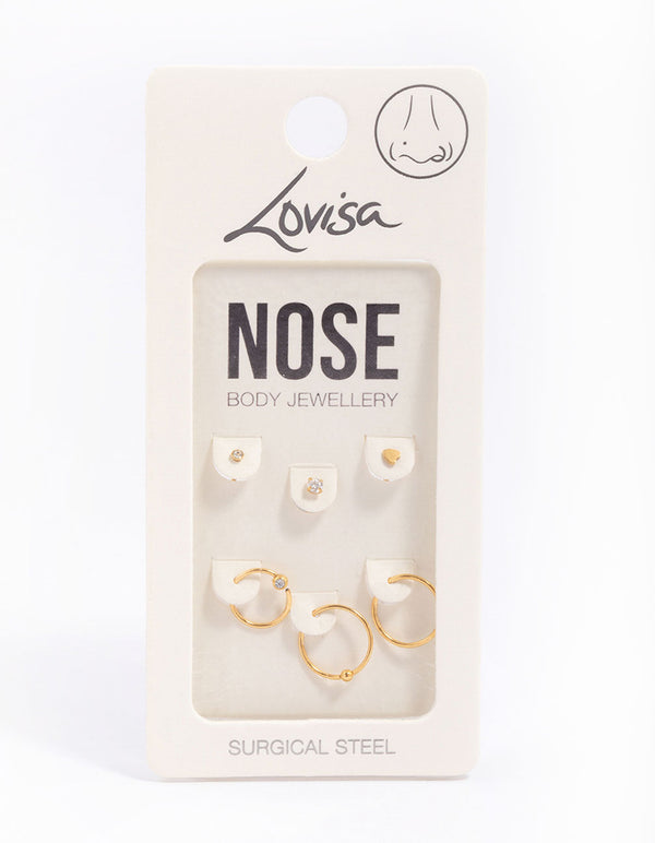 Gold Plated Surgical Steel Bone & Ball Nose Ring 6-Pack