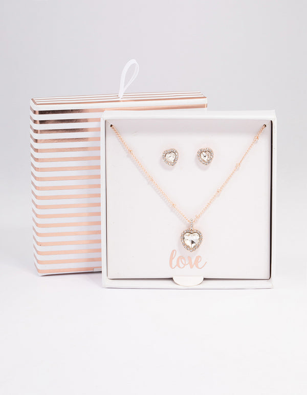 Rose Gold Heart Halo Necklace & Stud Earrings Set