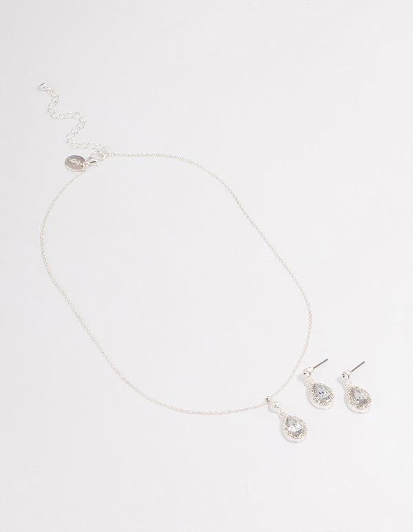 Silver Round & Pearl Halo Necklace & Drop Earrings Jewellery Set