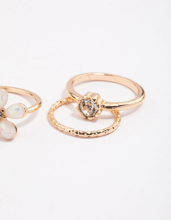 Gold Opal Flower & Diamante Ring Pack