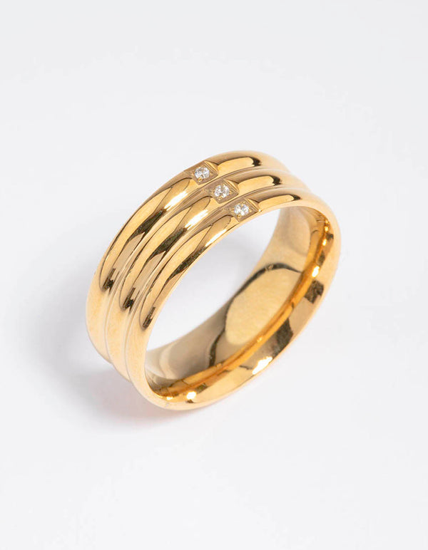 Waterproof Gold Plated Stainless Steel Cubic Zirconia Triple Plain Band Ring