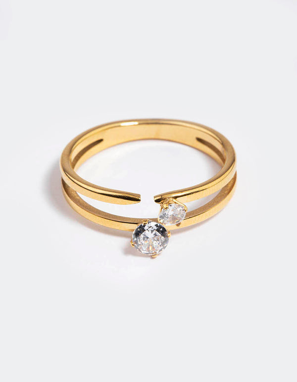 Waterproof Gold Plated Classic Cubic Zirconia Offset Ring