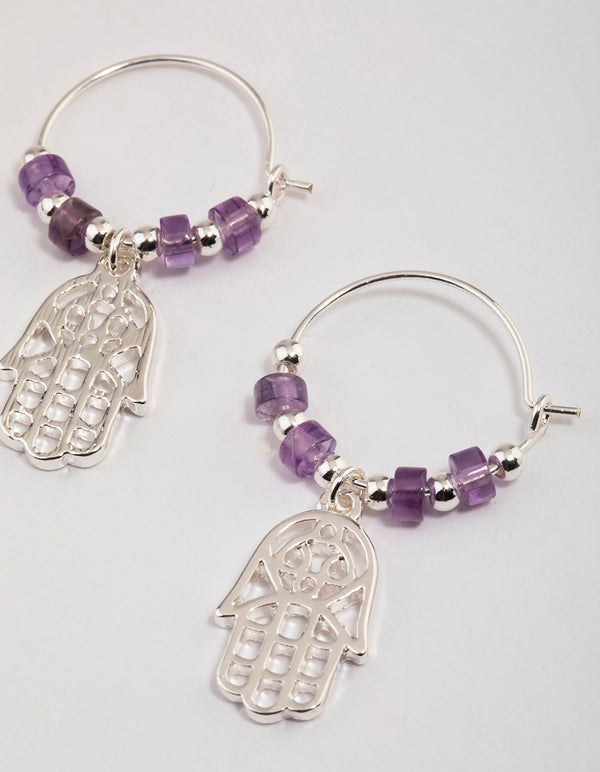 Silver Amethyst Beaded Texture Hoop Earrings