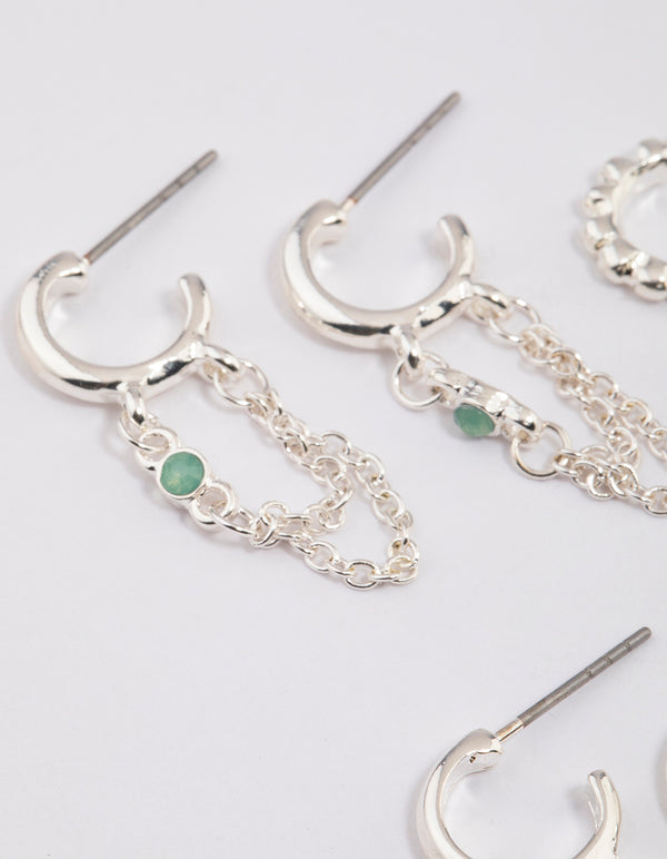 Silver Green Aventurine Star & Chain Earrings 4-Pack