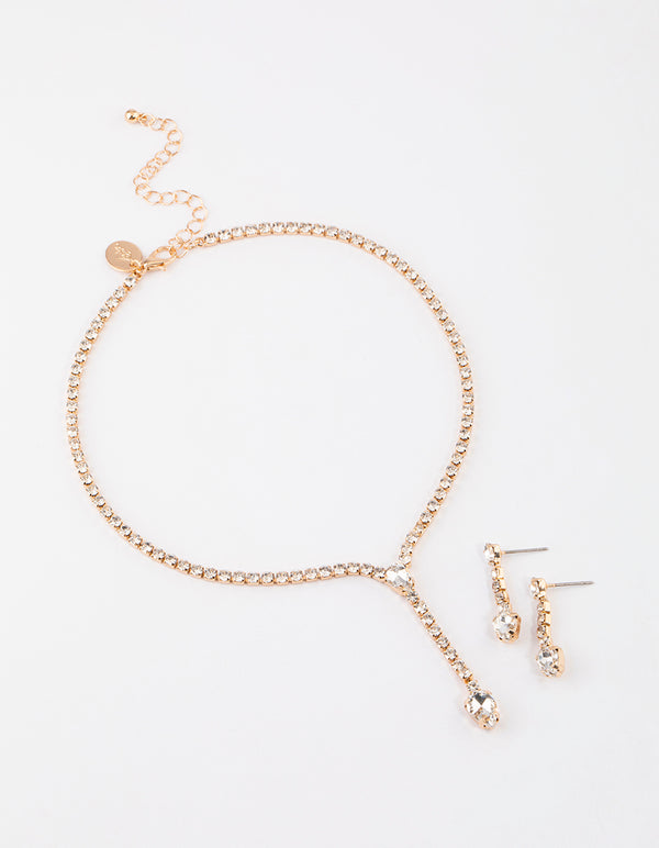 Gold Teardrop Diamante Cup Chain Jewellery Set