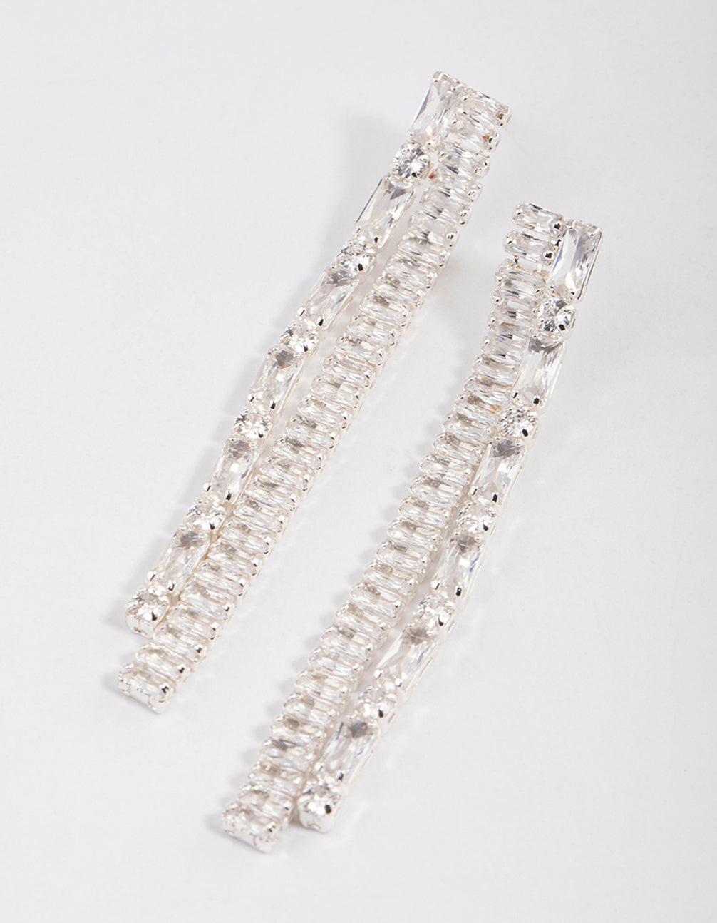 Silver Plated Cubic Zirconia Baguette Double Drop Earrings