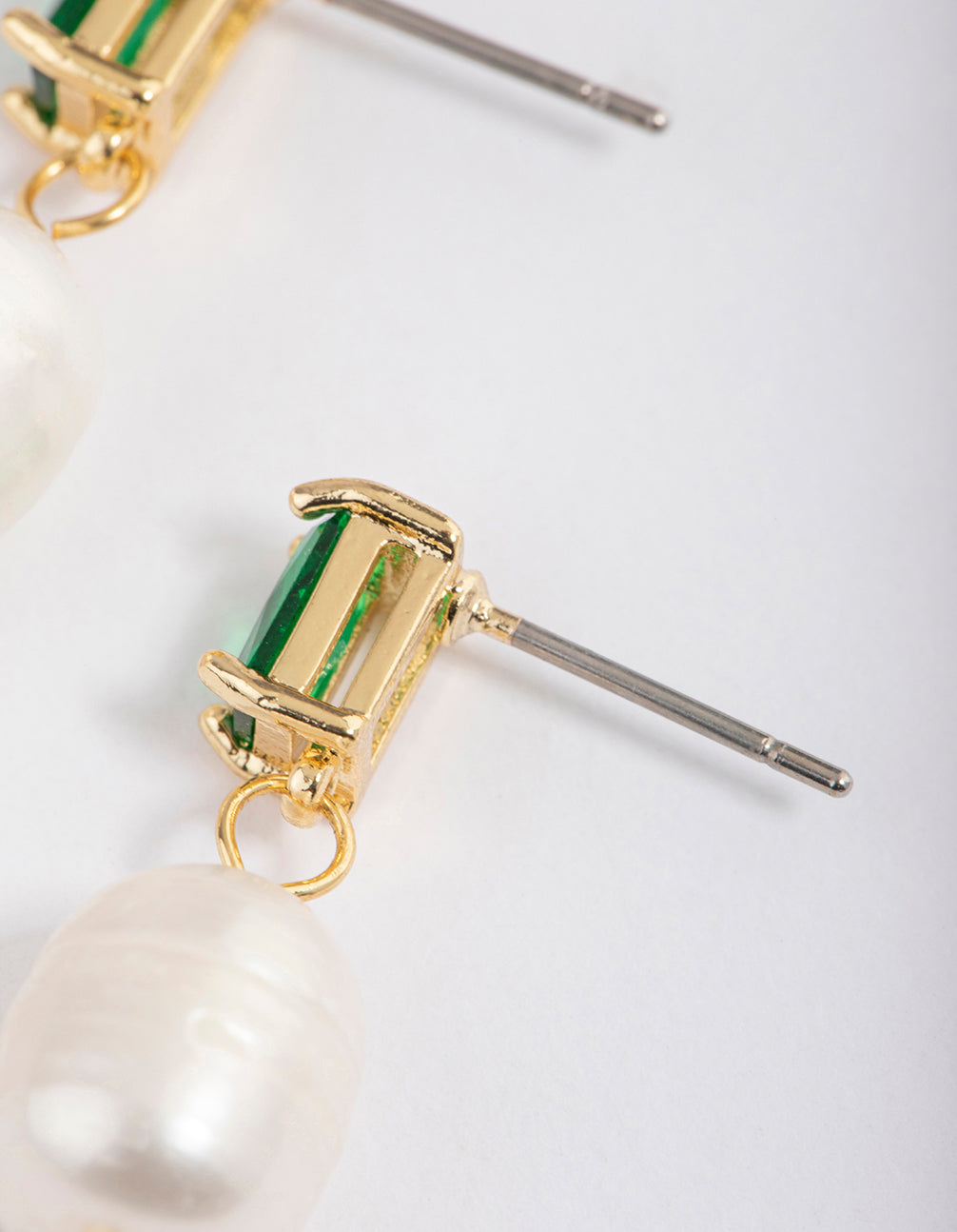 Gold Plated Cubic Zirconia Baguette Freshwater Pearl Drop Earrings
