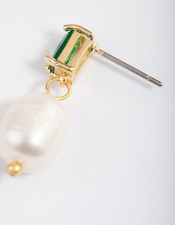 Gold Plated Cubic Zirconia Baguette Freshwater Pearl Drop Earrings