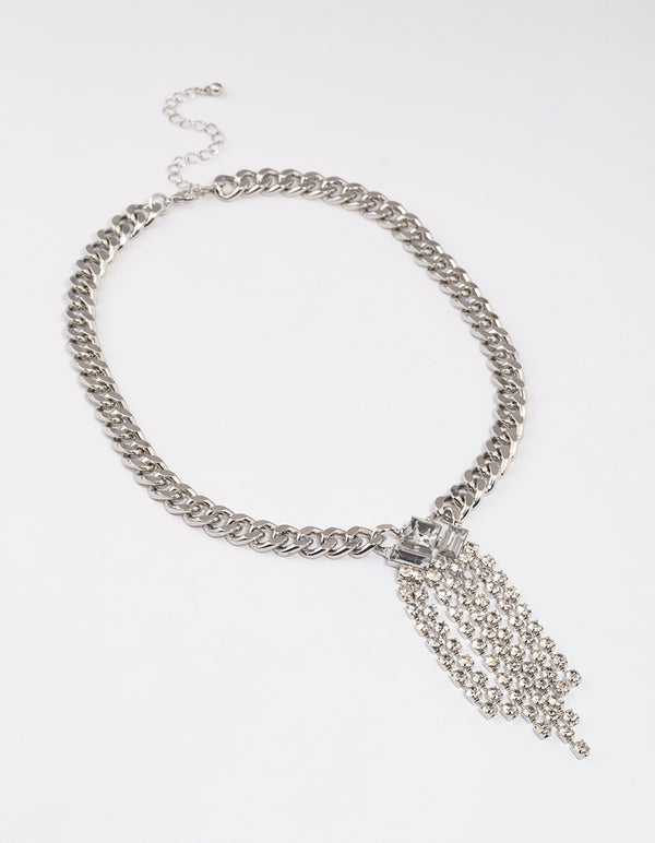 Silver Thick Chain Diamante Fringe Necklace
