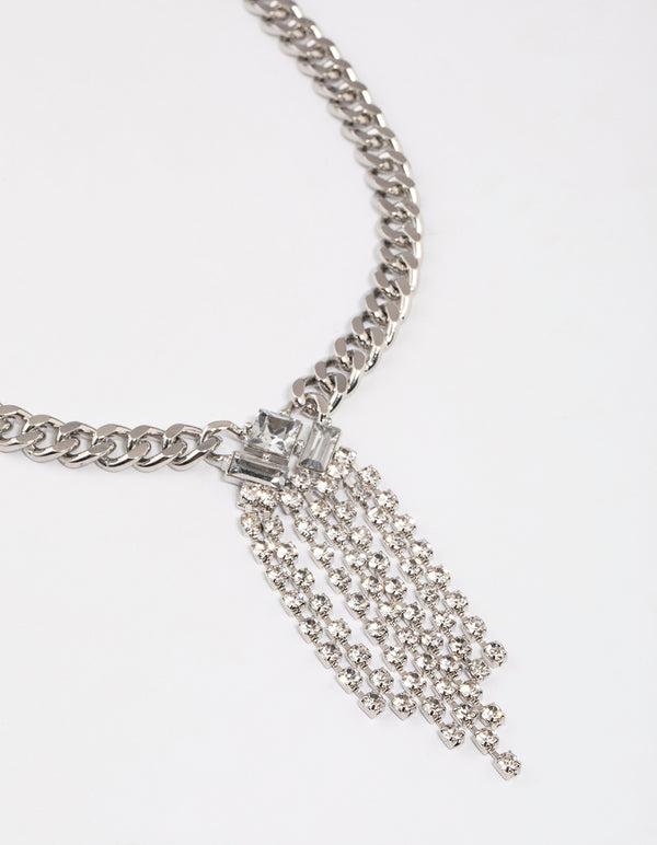 Silver Thick Chain Diamante Fringe Necklace