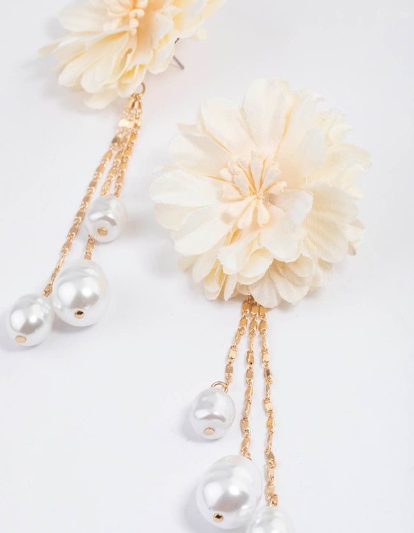 Gold Fabric Flower Pearly Drop Earrings