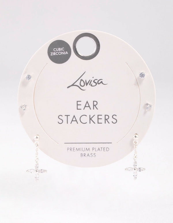 Silver Plated Brass Cubic Zirconia Drop Flower Earring 6-Pack