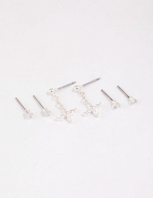 Silver Plated Brass Cubic Zirconia Drop Flower Earring 6-Pack