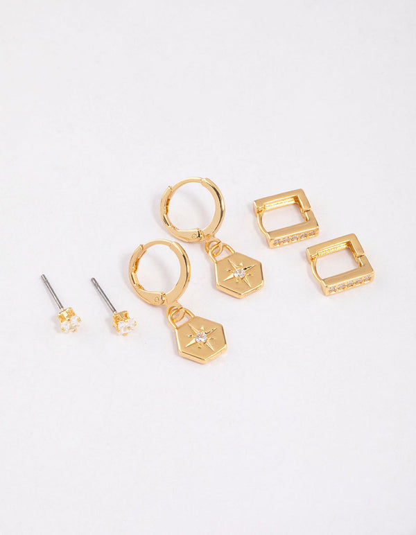 Gold Plated Brass Cubic Zirconia Hexagon & Square Earrings 6-Pack