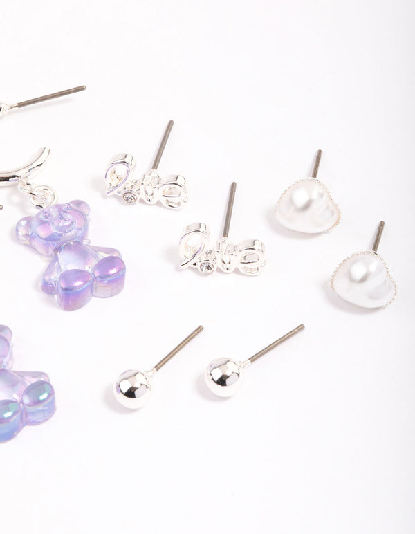 Silver Purple Cute Love Earrings 6-Pack