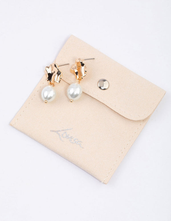 Gold Molten Pearl Drop Earrings & Polishing Set
