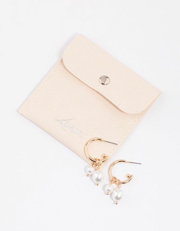 Gold Double Pearl Drop Hoop Earrings & Polishing Set