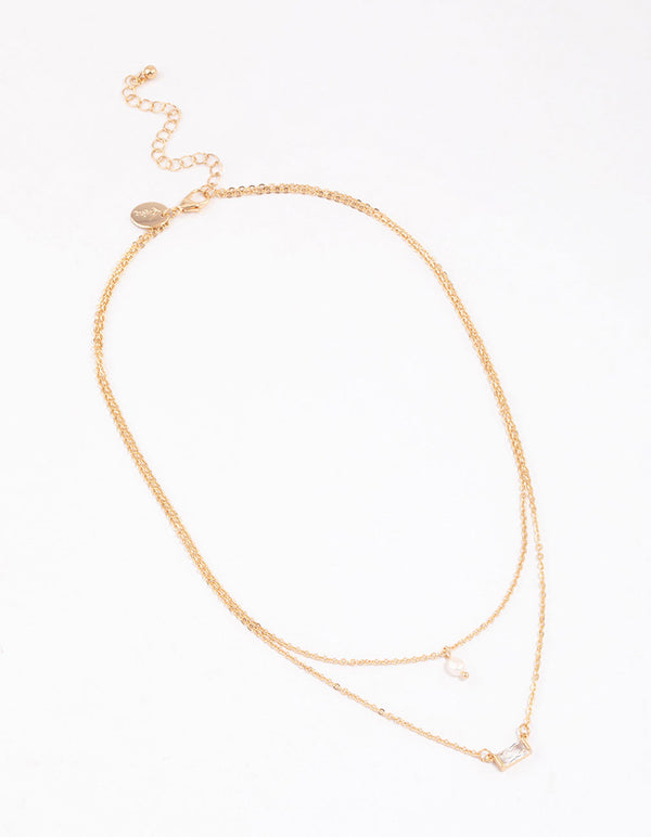Gold Baguette Pearl Layered Necklace & Polishing Set