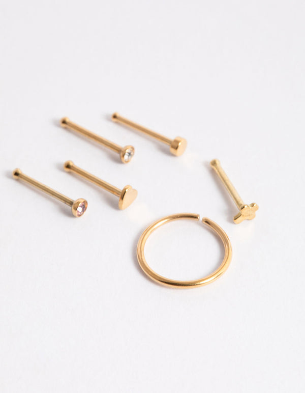 Gold Plated Surgical Steel Heart & Cross Nose Stud 6-Pack