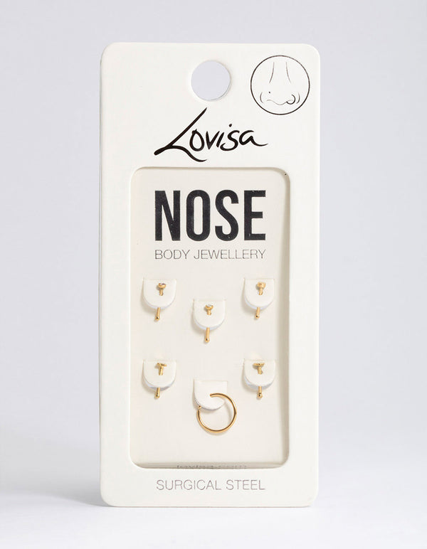 Gold Plated Surgical Steel Heart & Cross Nose Stud 6-Pack