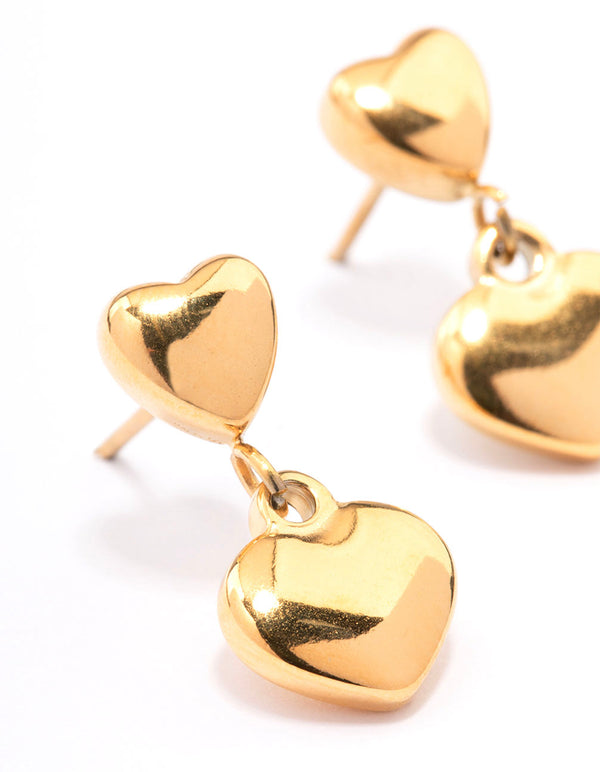 Gold Plated Surgical Steel Double Puffy Heart Drop Earrings