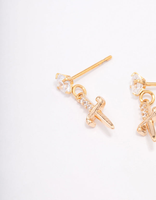 Gold Plated Surgical Steel Cubic Zirconia Mini Dagger Drop Earrings