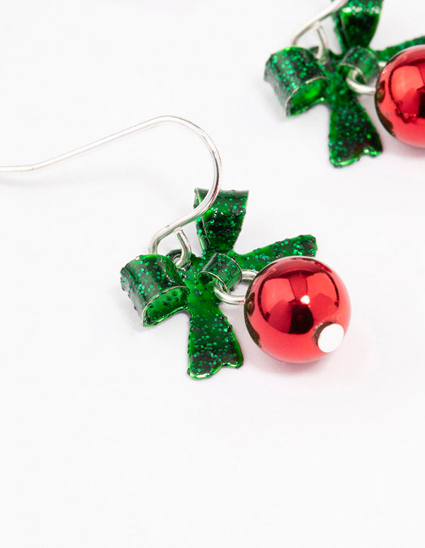 Red Bow & Bell Christmas Drop Earrings