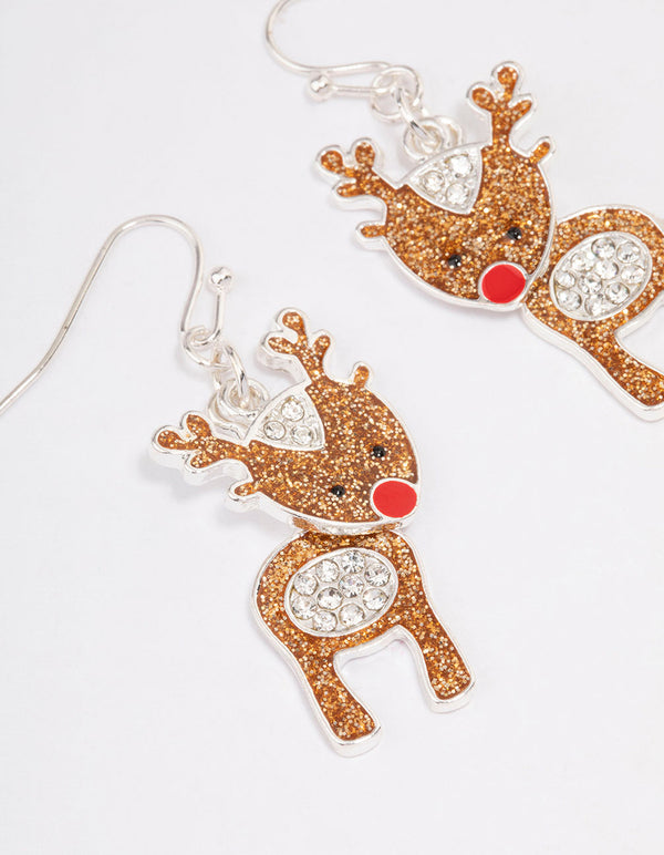Silver Mini Glitter Reindeer Drop Earrings