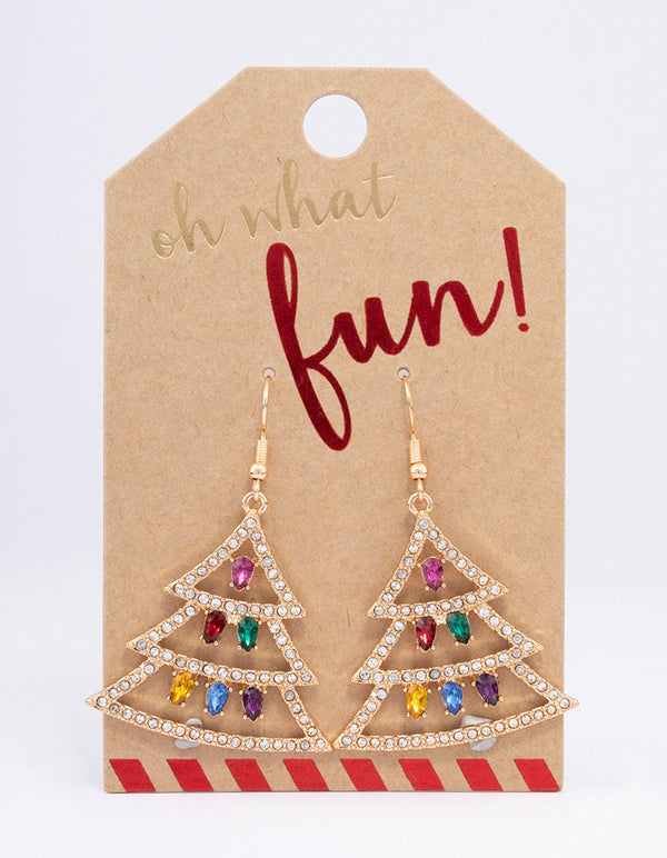 Gold Christmas Tree & Lights Drop Earrings