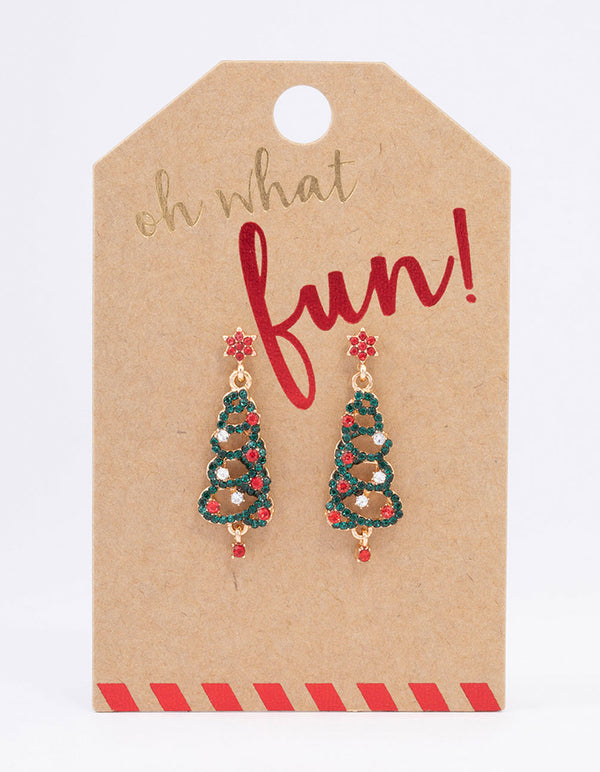 Green Diamante Swirl Christmas Tree Drop Earrings