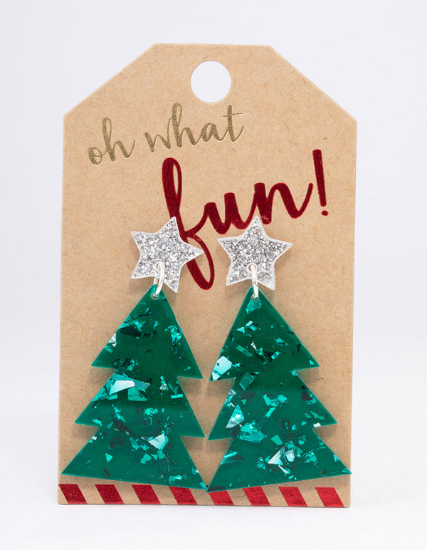 Green Acrylic Christmas Tree Drop Earrings