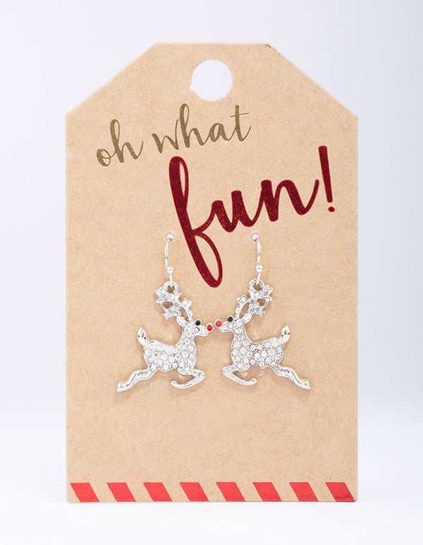 Rhodium Leaping Rudolph Drop Earrings