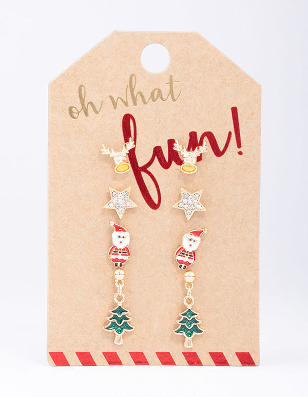 Gold Traditional Christmas Tree Stud Earrings 4-Pack