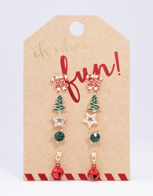 Gold Candy Cane & Christmas Tree Stud Earrings 5-Pack