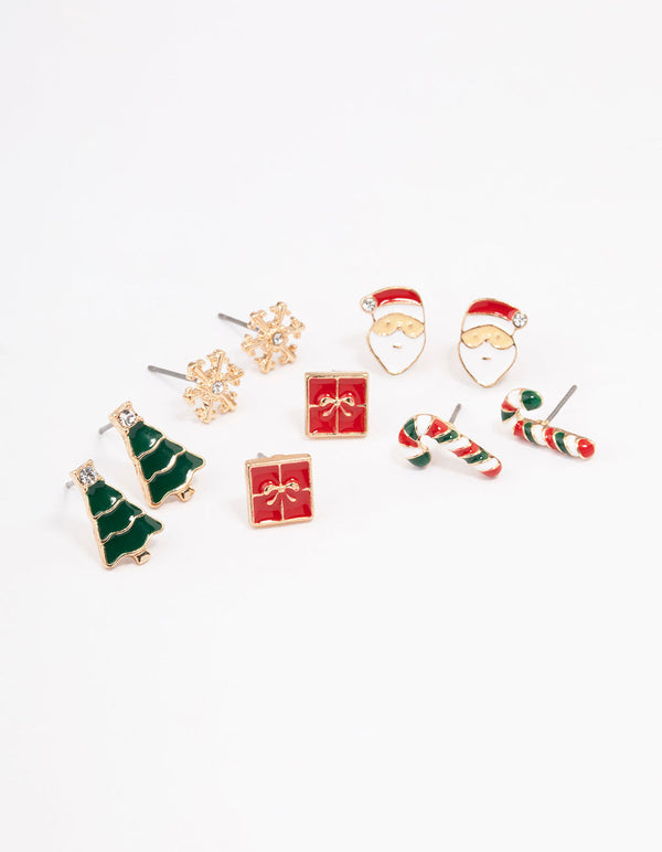 Gold Snowflake & Assorted Christmas Stud Earrings 5-Pack