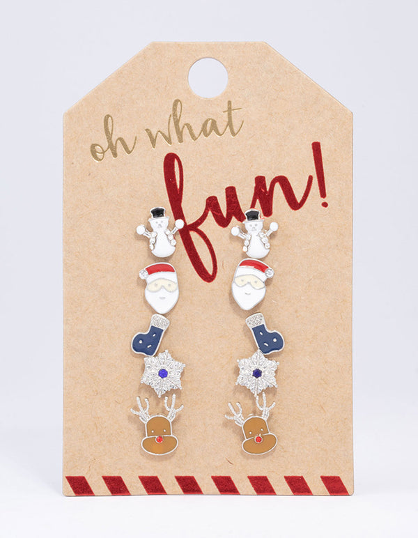 Silver Snowman & Snowflake Stud Earrings 5-Pack