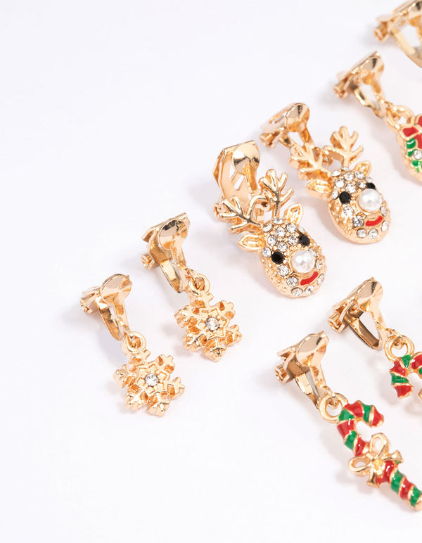 Gold Diamante Christmas Clip On Earrings 5-Pack