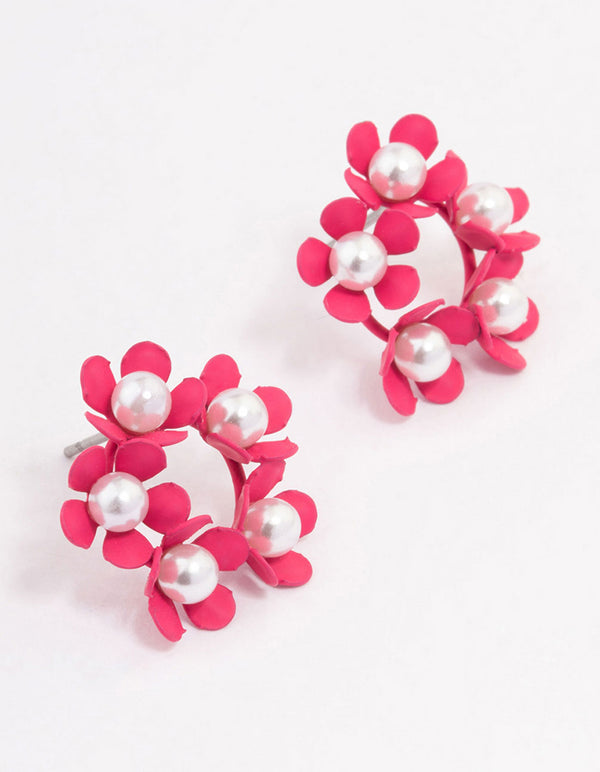 Pink Flower & Pearl Circle Stud Earrings