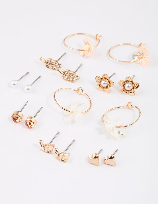 Gold Floral & Pearl Dainty Earrings 8-Pack