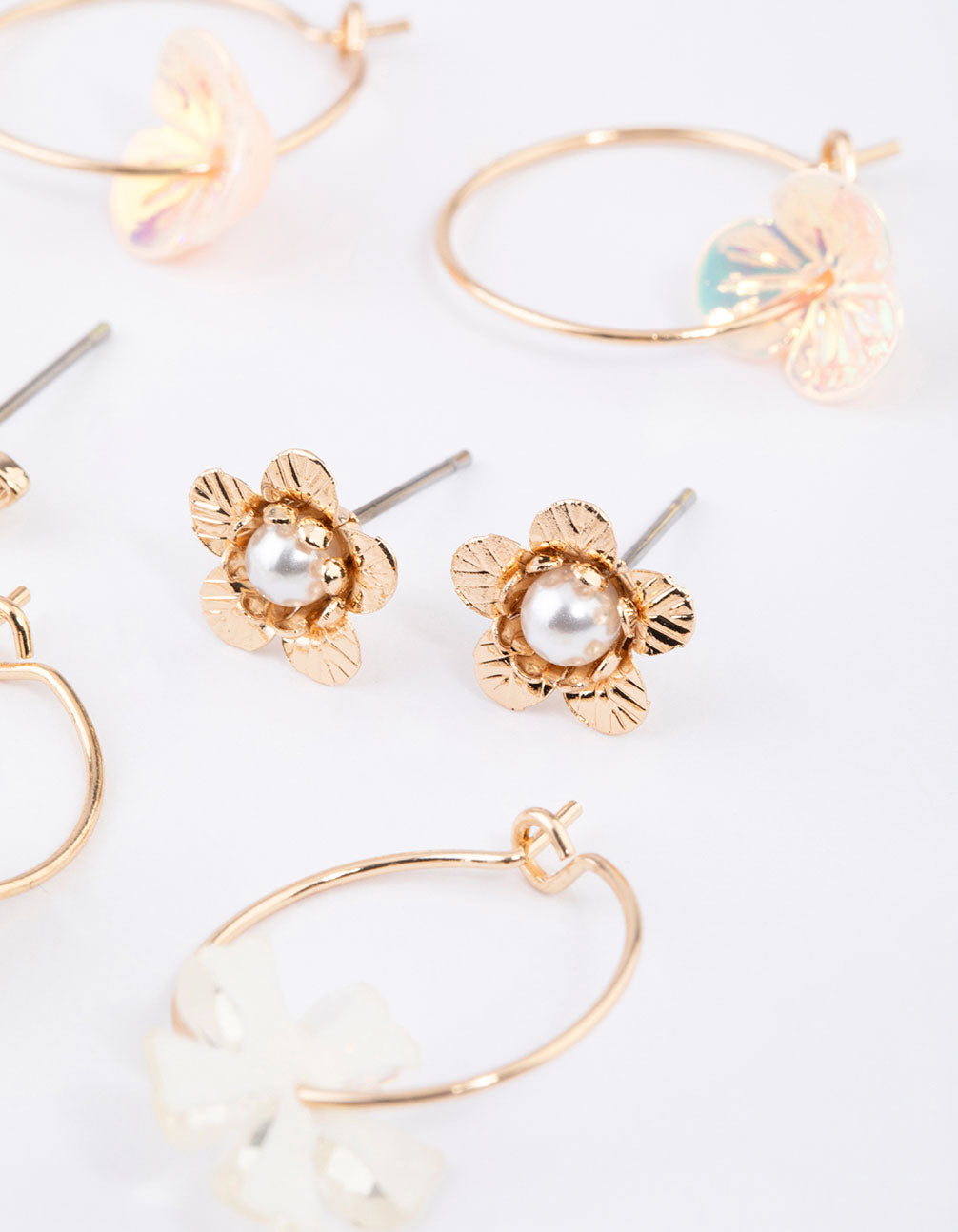 Gold Floral & Pearl Dainty Earrings 8-Pack